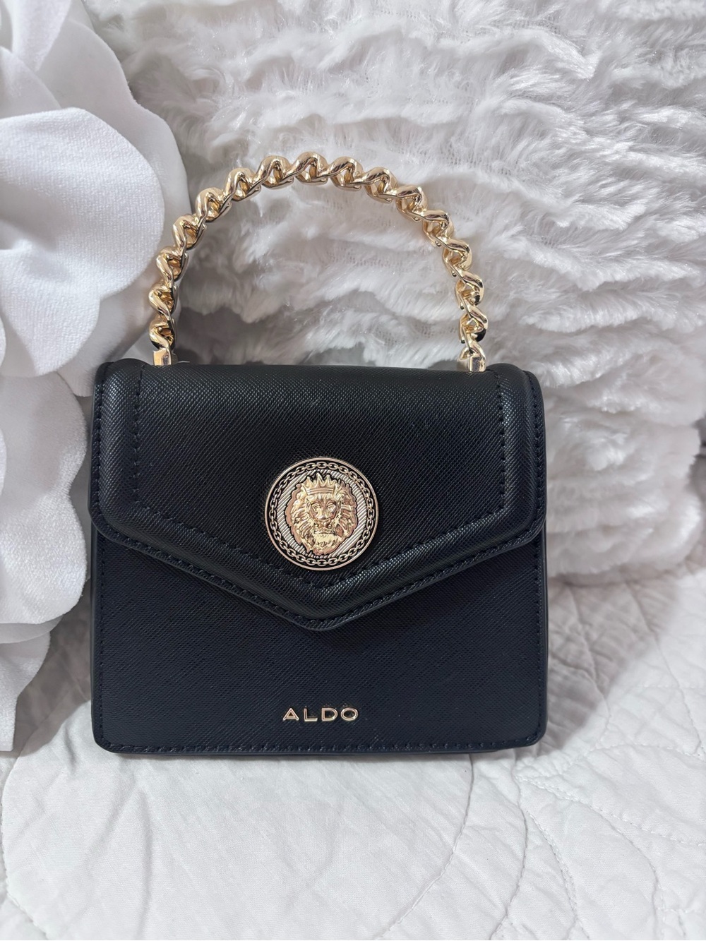 ALDO Black Mini Top Handle Bag Gold Lion Medallion Chain Handle